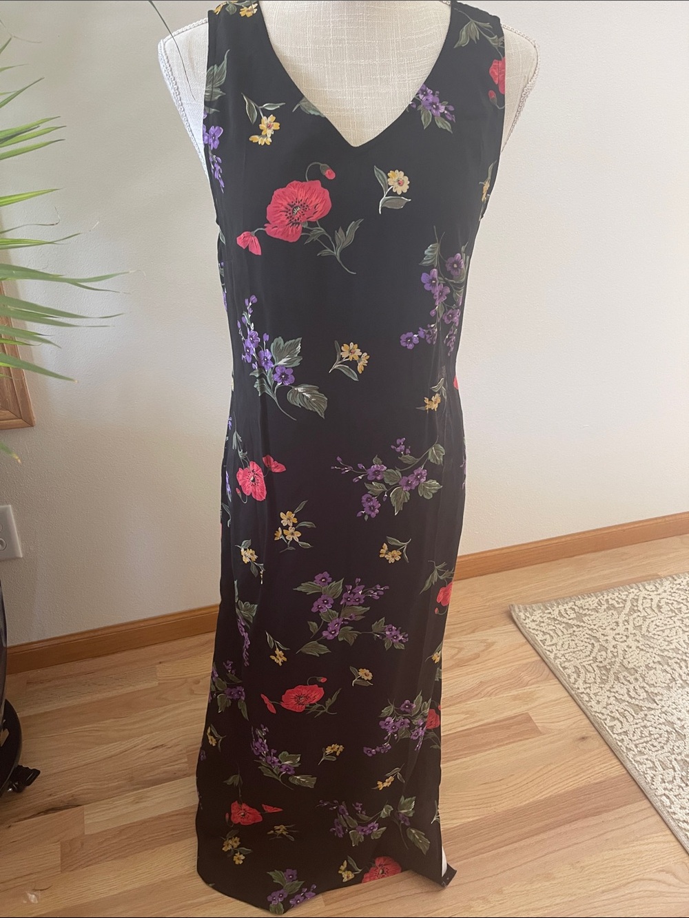 Nina Piccalino Black Maxi Dress with Red, Purple and Yellow Floral Print